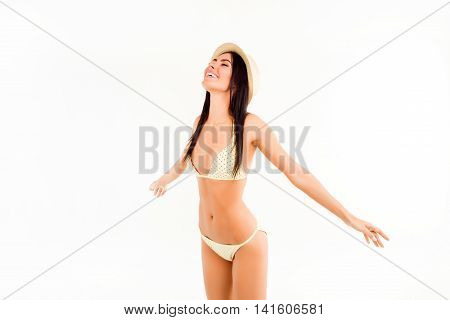 Happy Woman In Lingerie And Cap Feeling Freee And Enjoying Summer