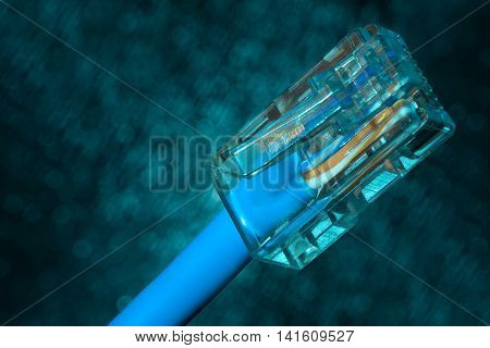 The concept of Internet technology. Twisted pair (patch cord) network Internet cable on blue blurred background closeup