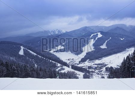 View fron the top of the mountain in Bukovel - ski resort in Ukraine. Near Ivano-Frankivsk.