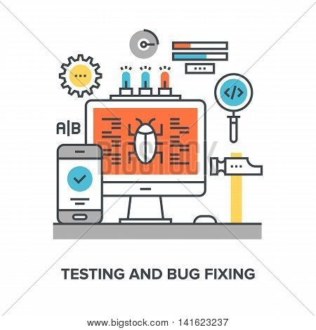 Vector illustration of testing and bug fixing flat line design concept.