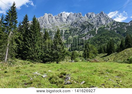View of Wilder Kaiser Mountains summer alpine landscape Austria Tyrol.