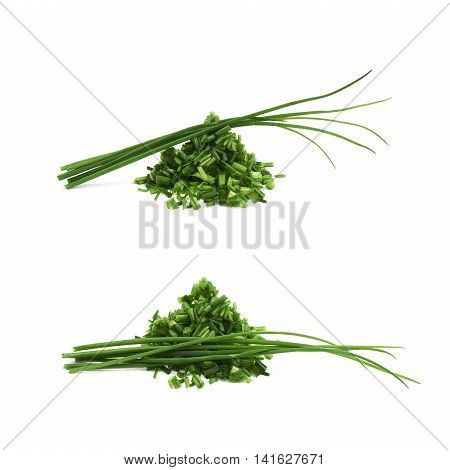Pile of chopped green onion scallions isolated over the white background, set of two different foreshortenings