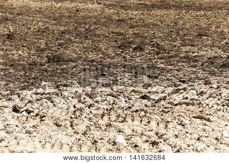 A Tractor Plowed Field Agricultural Land. Spring And Sown. Close-up.