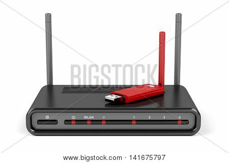 Wireless router and usb wireless network adapter on white background, 3D illustration