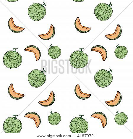 Melon, Cantalop Seamless Pattern By Hand Drawing On White Backgrounds.