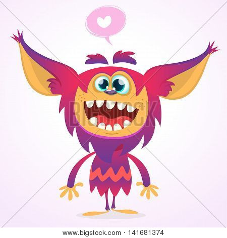 Happy cartoon gremlin monster in love. Halloween vector goblin or troll with pink fur and big ears. Isolated