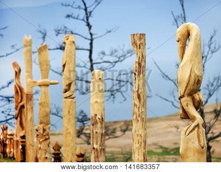 Wooden shaman totems at Burhan Cape, Baikal Lake, Russian Federation