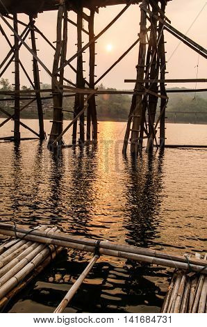 Sunset at wood bridge (Mon bridge) in Sangklaburi Thailand