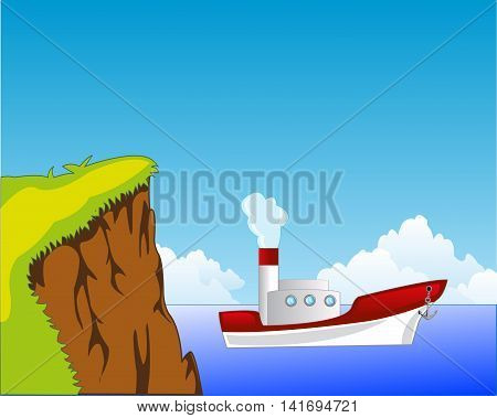 The Steep coast and white steamship seaborne.Vector illustration