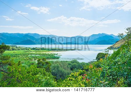 The view on the Skadar Lake from the hill on Vranjina Island Montenegro.