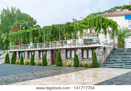 The nice summer cafe with the scenic terrace covered with the grape vines Agros Cyprus.