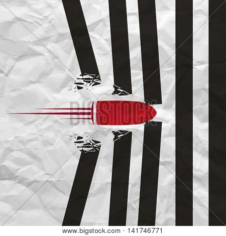Red bullet shot smashed the walls on white background with creased paper texture. Poster or flyer design concept . Vector illustration