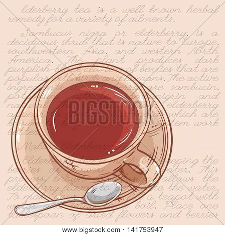 vector illustration with cup of tea and spoon on color background
