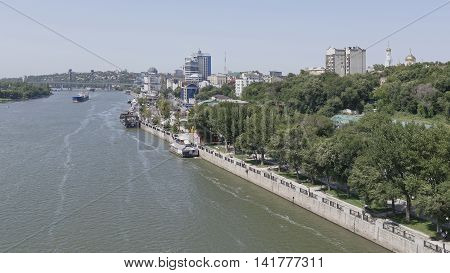 Swimming cargo ships on the river in Rostov-on-Don