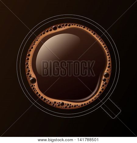 Vector Outline Coffee Cup Mug with Crema Foam Bubbles Top View Isolated On Background