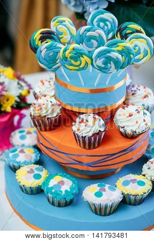 Candy bar. Table with sweets, candies dessert