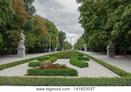 Madrid, Spain - July 4, 2012: Alley with sculptures in Buen Retiro Park in Madrid Spain