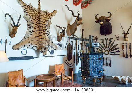 Kvaerndrup Denmark - July 21 2015: Trophies in the Hunting Hall of the Egeskov castle