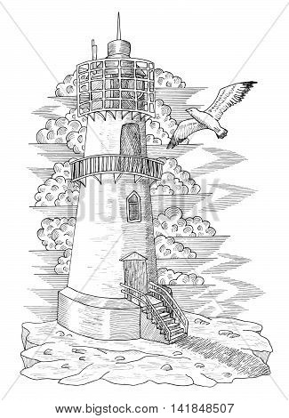 Vintage light house with a gull, hand drawn engraved illustration