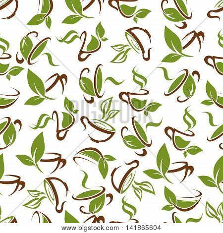 Fresh green tea beverages pattern with decorative seamless background of brown cups with aroma herbal tea drinks ornated by green leaves and stems. Use as cafe interior or food packaging design