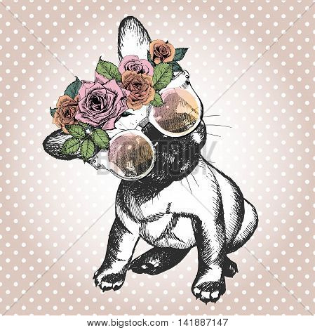 Vecotr portrait of dog wearing the floral wreath and sunglasses. Hand drawn vintage trendy illustration. French bulldog breed. Isolated on polka dot and rose gold background.