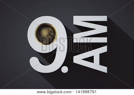 Early morning concept with abstract voluminous 9 AM text and coffee on dark background. 3D Rendering