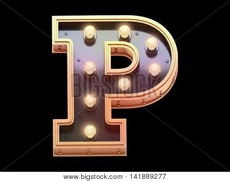 Gold lamp font in the form of signboard. 3d rendering.