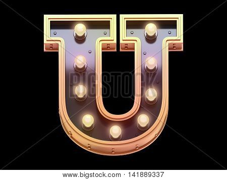 Gold lamp font in the form of signboard. 3d rendering.