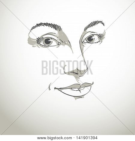 Vector art drawing portrait of gorgeous happy smiling girl isolated on white.