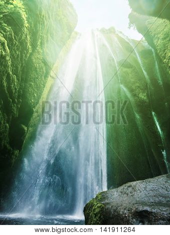  Gljufrabui waterfalls inside a cave, Iceland
