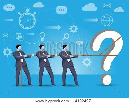 Business concept of teamwork and business team solving complex problem together. Three businessmen catching problem trying to localize it working together under time pressure.