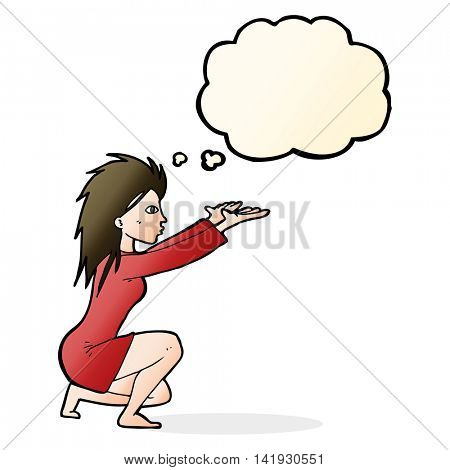 cartoon womn casting spel with thought bubble
