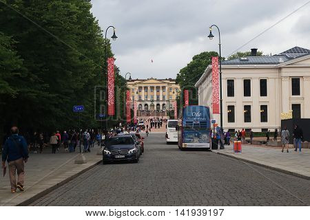 OSLO,NORWAY - JULY 1, 2016: Karl-Johan gate is the main street of the Norwegian capital which ends at the Royal Palace.