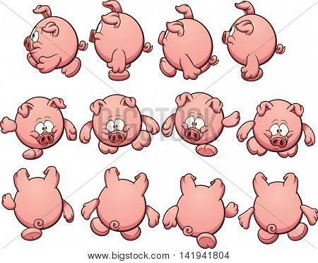 Fat cartoon pig sprites, ready for animation. Vector clip art illustration with simple gradients. Each on a separate layer. 