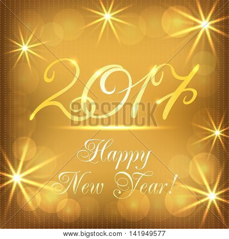 Happy New Year 2017 on gold background with lights. Vector illustration.