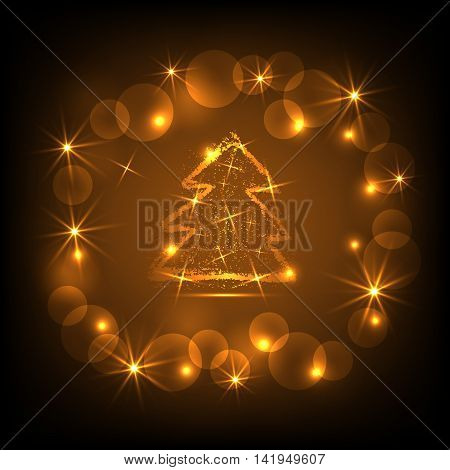 Christmas tree on gold background in black frame. Vector illustration.