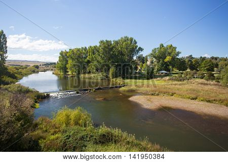 The view over Dalgety from the Dalgety Bridge crossing over the Snowy River in New South Wales, Australia