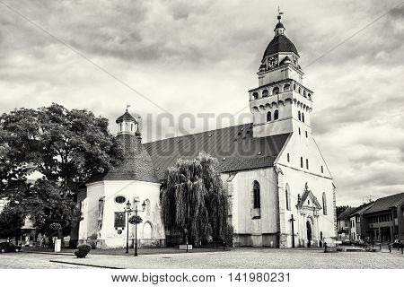 Parish church of saint archangel Michael and funeral chapel of saint Anna Skalica Slovak republic. Religious architecture. Black and white photo. Travel destination. Cultural heritage. Beautiful place.