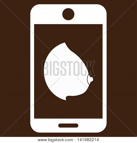 Mobile Erotic Tit vector icon. Style is flat symbol, white color, rounded angles, brown background.