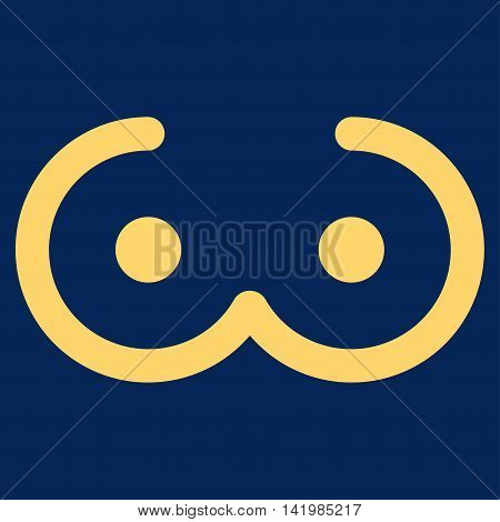 Female Breast vector icon. Style is flat symbol, yellow color, rounded angles, blue background.