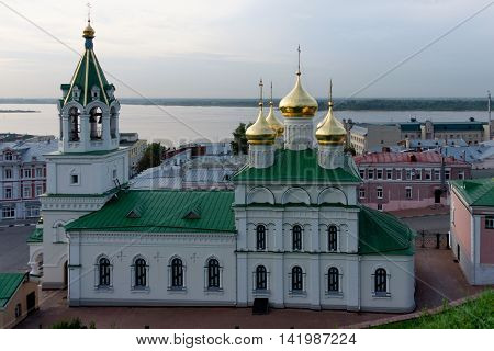 Orthodox Church with Golden domes on the banks of the Volga river