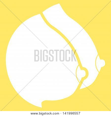 Female Tits vector icon. Style is flat symbol, white color, rounded angles, yellow background.