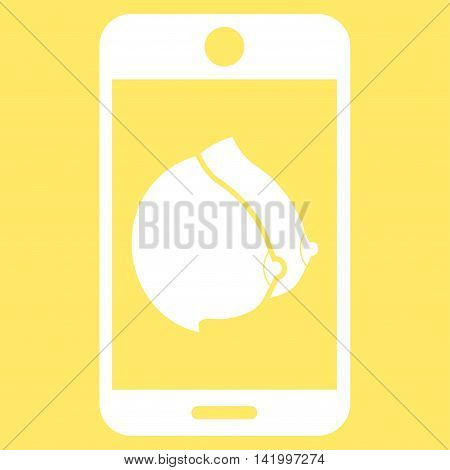Mobile Erotic Tits vector icon. Style is flat symbol, white color, rounded angles, yellow background.