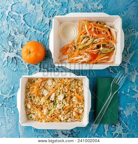 Healthy Food Delivery. Pilov From Bulgur With Chicken, Cabbage Salad With Carrots, Tomatoes And Cucu