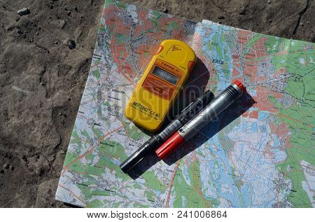 The study of the radiactive zones of Kiev. The radiometer Terra-P shows the normal level. May 16, 2018. Kiev,Ukraine