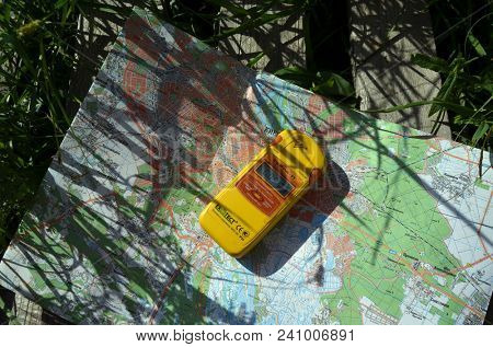 The study of the radiactive zones of Kiev. The radiometer Terra-P shows the normal level. May 16, 2018. Kiev,Ukraine
