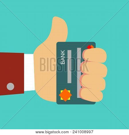 Plastic Bank Cards In Hand Of Businessman. Thumb Up Gesture. Profitable Card Concept. Stock Flat Vec