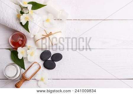 Spa Setting And Health Care Items,jasmin Aromatic Soap,body Oil,bath Salt,milk,massage Stones And To