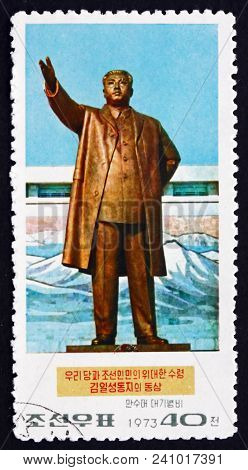 North Korea - Circa 1973: A Stamp Printed In North Korea Shows Statue Of Kim Il Sung, Leader Of Nort