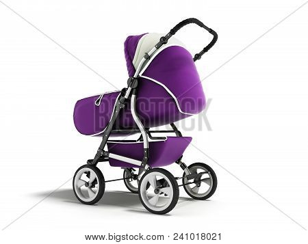 Modern Baby Carriage With Dome Against Rain And Wind Violet With White Insets 3d Render On White Bac